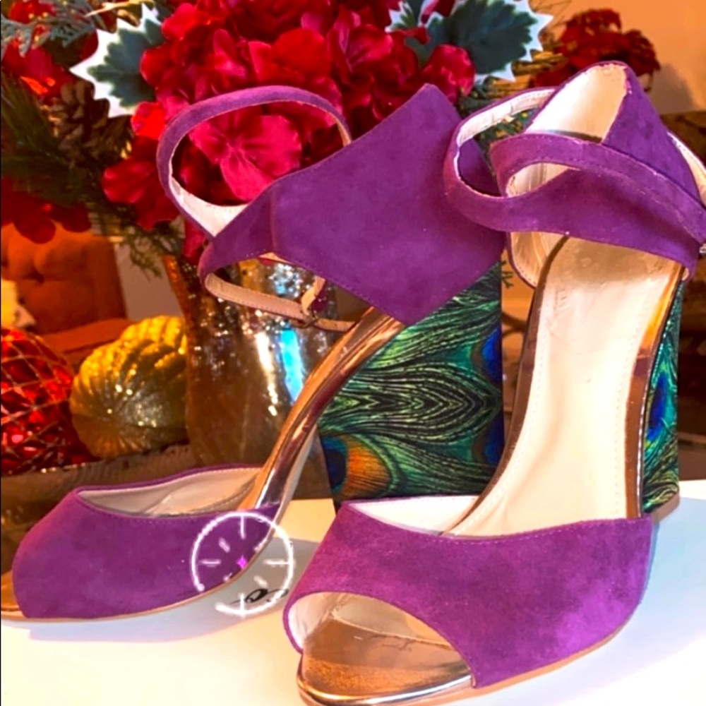June Ambrose purple peacock wedge